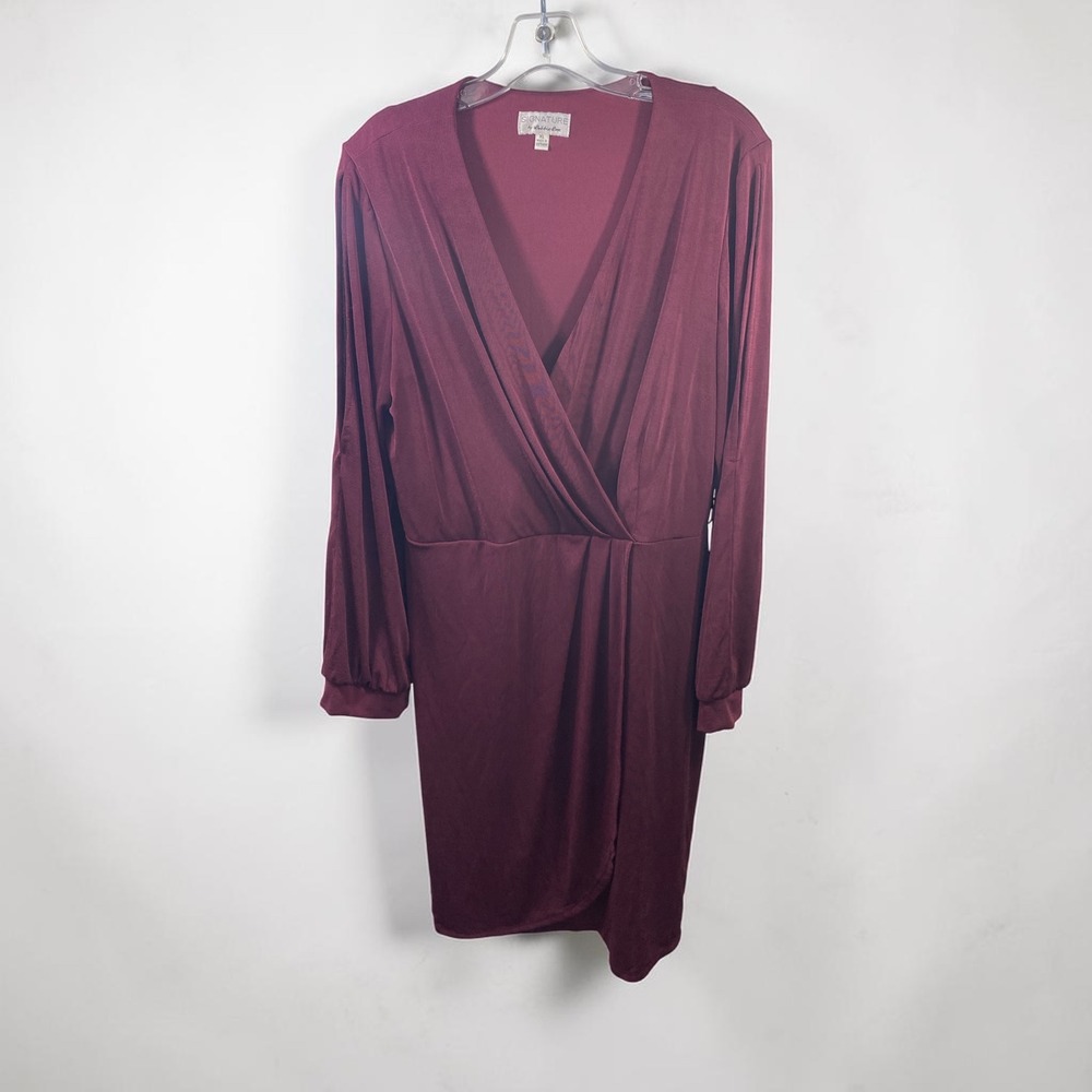 Signature by Robbie Bee Burgundy Faux Wrap Dress V-Neck Long Sleeve XL